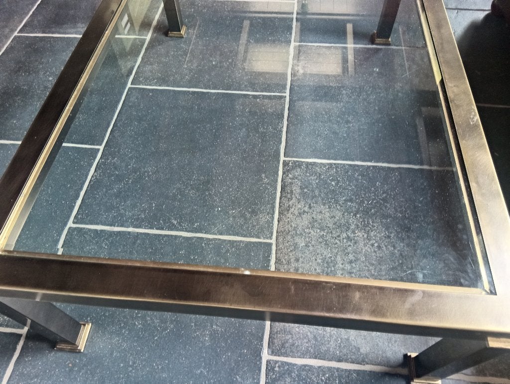 Salontafel glazen blad , messing frame, Huis en Inrichting, Tafels | Salontafels, Ophalen, Gebruikt, 100 tot 150 cm, 50 tot 100 cm