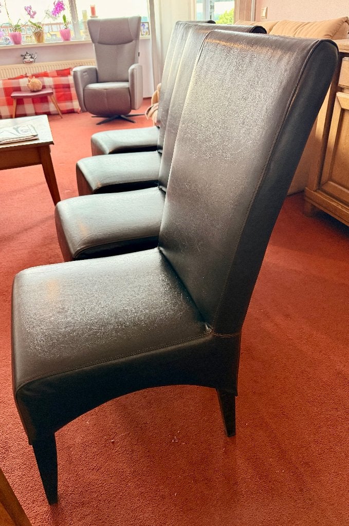 6 Klassieke Donkerbruine Leren Stoelen met Hoge Rugleuning, Huis en Inrichting, Stoelen, Ophalen, Bruin, Klassiek, Leer