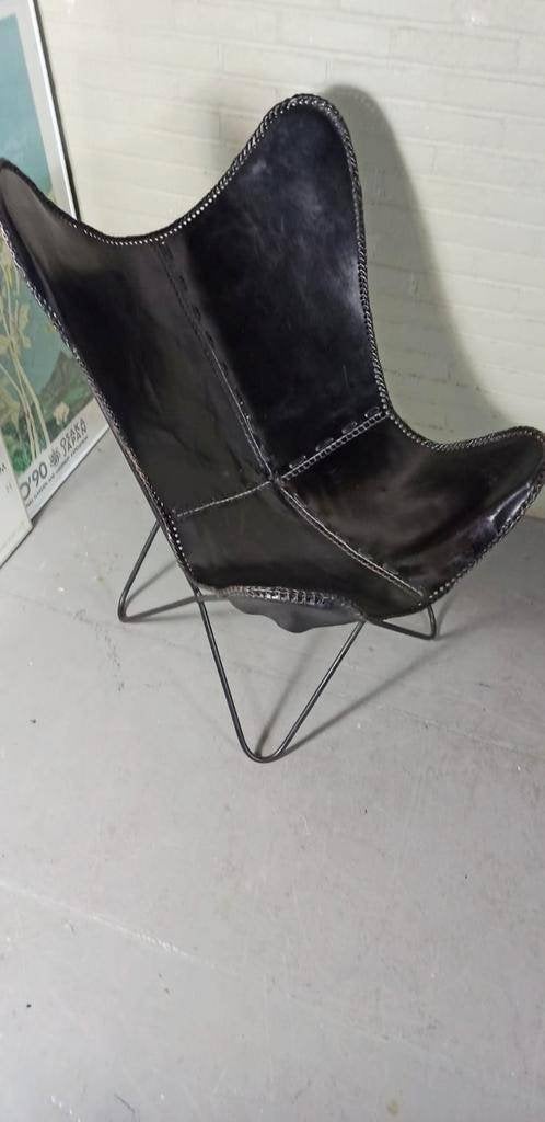 Zwarte Leer Vliender Fauteuil Stoel, Huis en Inrichting, Fauteuils, Ophalen, Tweedehands, Tweedehands, 75 tot 100 cm