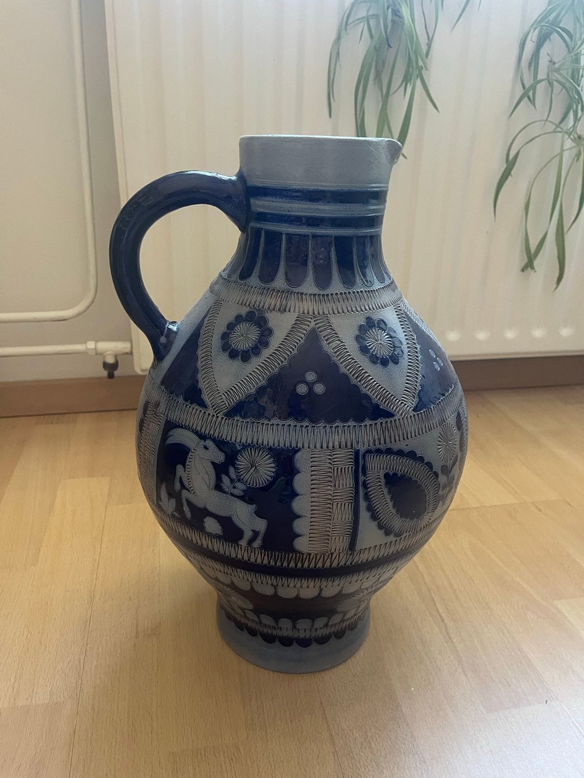 Vintage Aardewerk Kruik met Blauw Decor en Geitenmotief, Ophalen