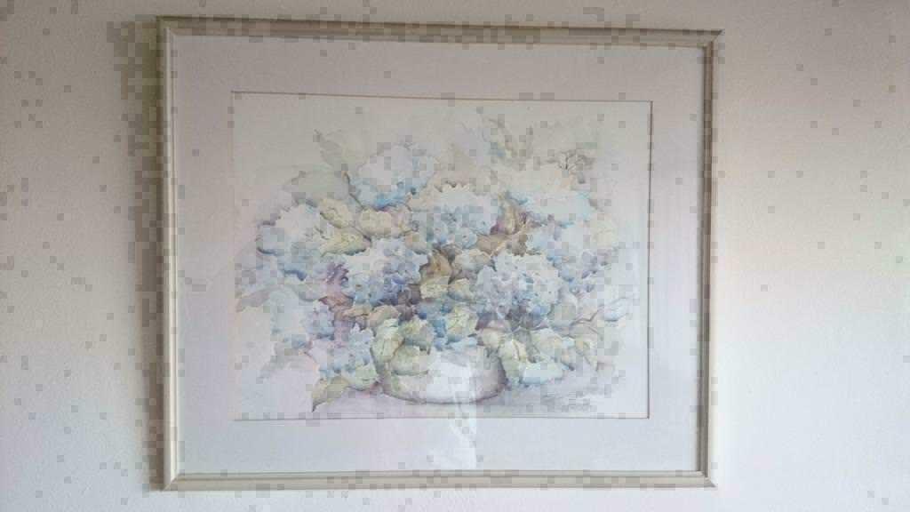 Aquarel van Ellen Kroon.  Gesigneerd  Hortensia`s maten lijs, Ophalen of Verzenden