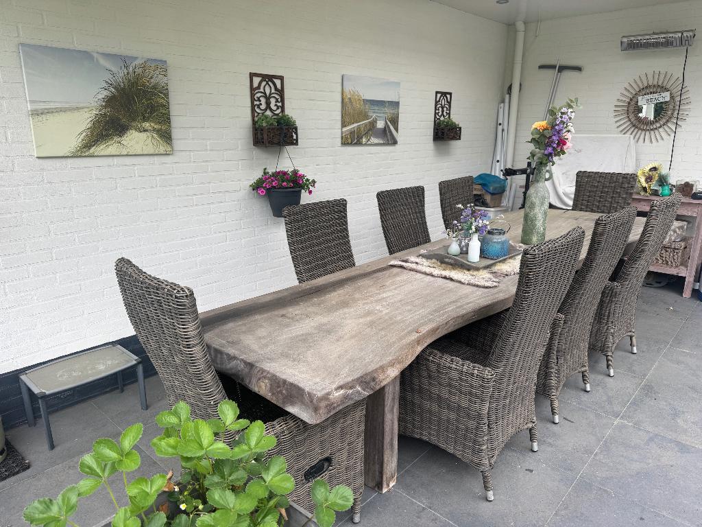 Grote Suar Boomstamtafel set 8-10 personen 3,5 meter, Ophalen, Gebruikt, 100 tot 150 cm, 200 cm of meer