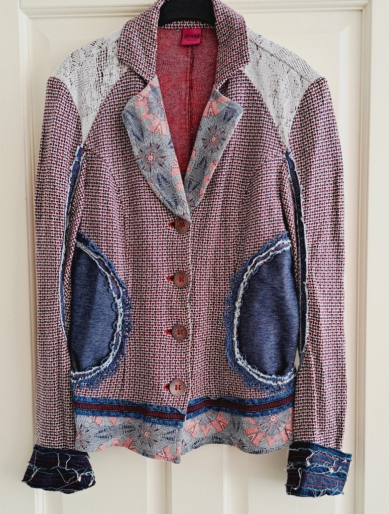 Save the Queen blazer jasje denim / rood/ creme M-L nr 43466, Maat 38/40 (M), Blauw, ., Zo goed als nieuw
