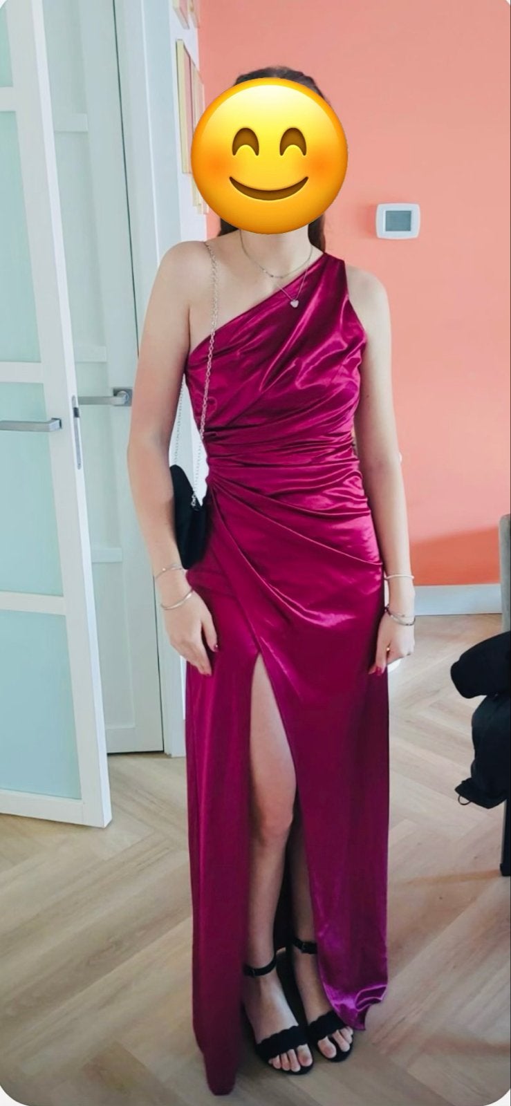 Elegante fuchsia avondjurk met split, Verzenden, Zo goed als nieuw, Roze, Maat 34 (XS) of kleiner
