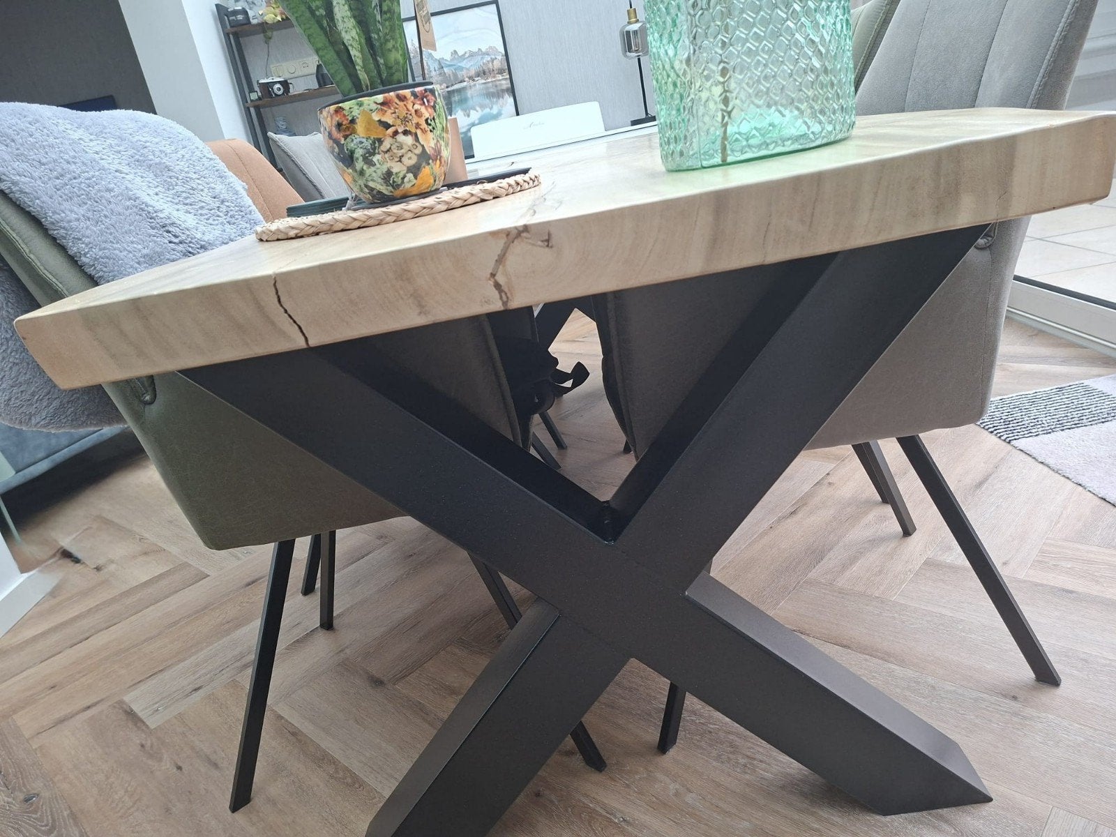 Grote Suar houten boomstamtafel met X-poten - 220x90 cm, Gebruikt, 200 cm of meer, 50 tot 100 cm, Vijf personen of meer