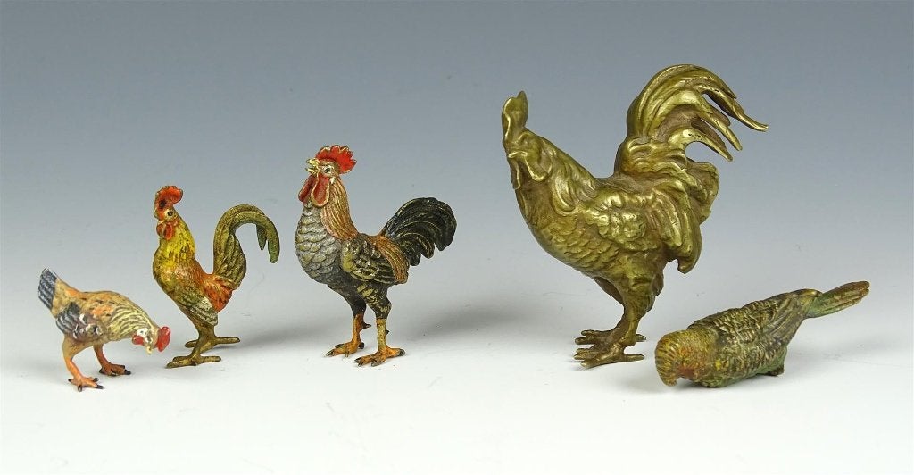 Weens bronzen beeldjes met voorstelling van Hanen en Kippen, Antiek en Kunst, Minder dan 20 cm, Ophalen of Verzenden, Beeld, Beschilderd