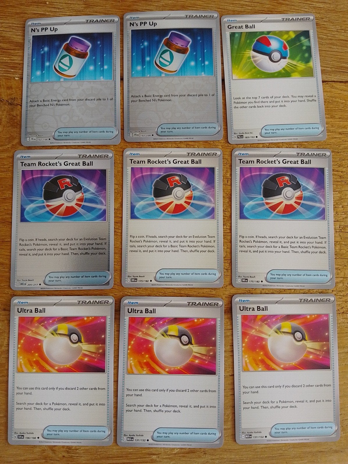 9 Pokémon Trainer Kaarten: N's PP Up, Great Ball, Ultra Ball, Verzenden