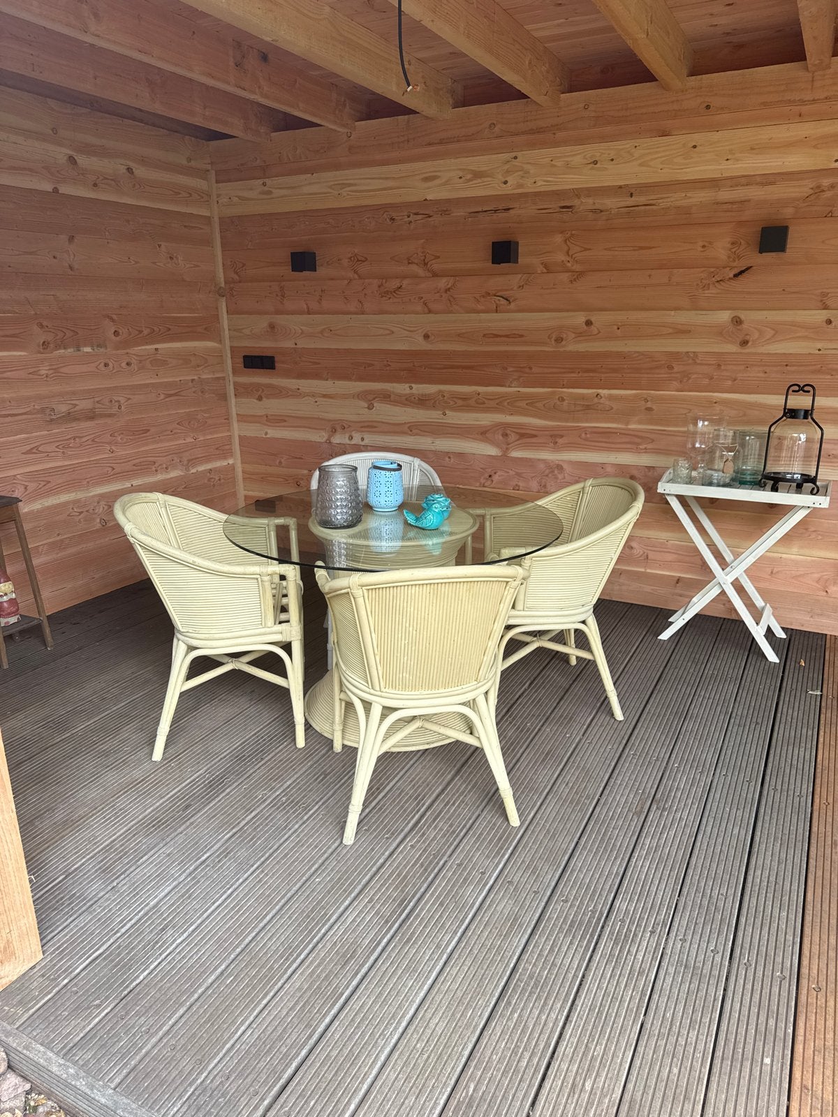 Rotan tuinset met glazen tafel en 4 stoelen, Ophalen, 4 zitplaatsen, Gebruikt, Eettafel