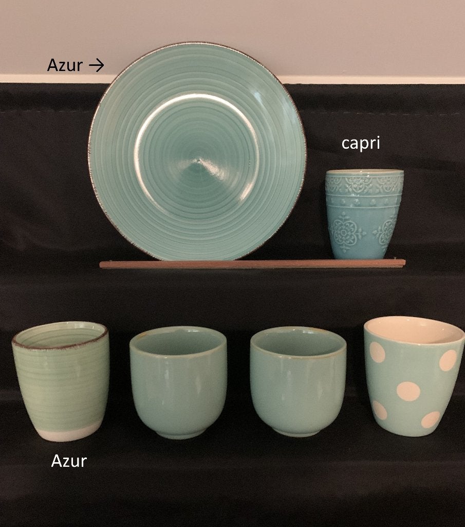 bekertjes / mokjes + bord, aqua blauw groen, turquoise, azur, Ophalen of Verzenden, Zo goed als nieuw, Bord(en), Overige stijlen