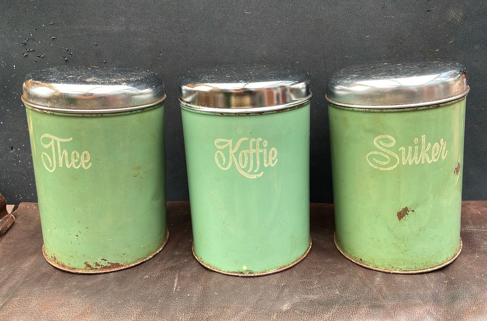 Vintage voorraad bussen koffie thee en suiker, Ophalen of Verzenden