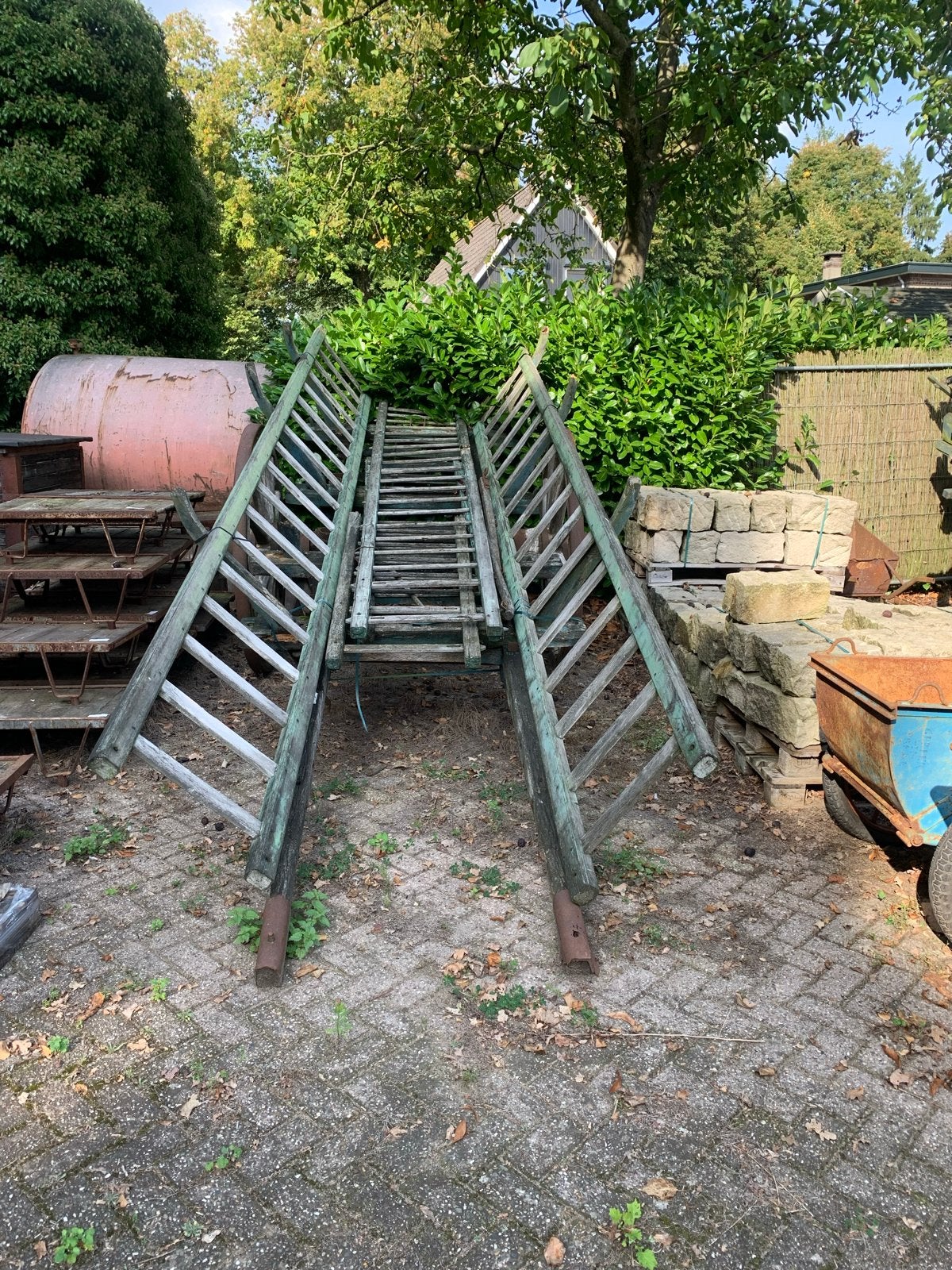 Antieke houten Ladderwagen / Brandweerladder op wielen, Ophalen