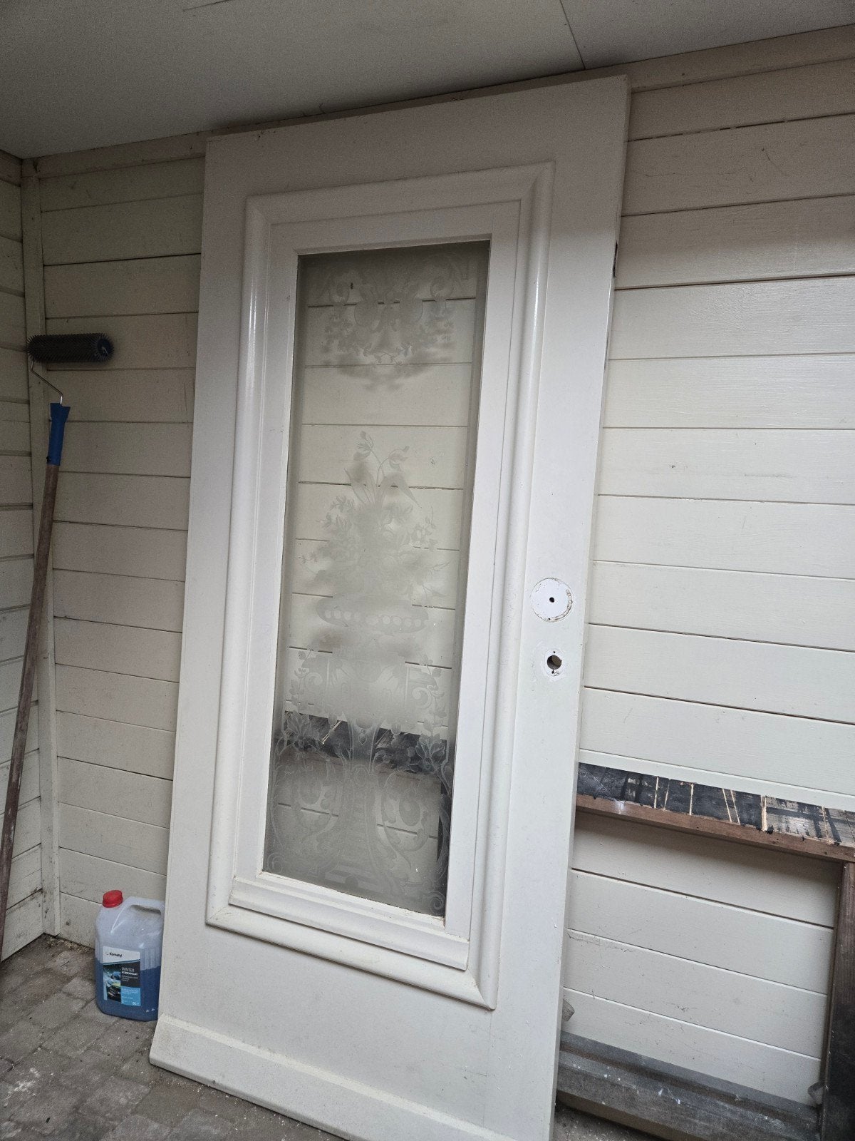 Massief hardhouten voordeur met gegraveerd glas, Gebruikt, 80 tot 100 cm, Ophalen of Verzenden, Buitendeur