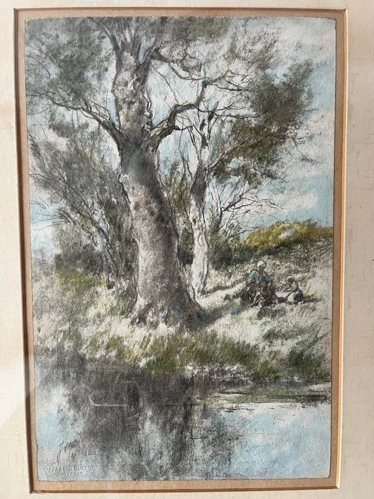 Jean Garjeanne aquarel gouache vrouw met kind bij rivier, Antiek en Kunst, Ophalen of Verzenden