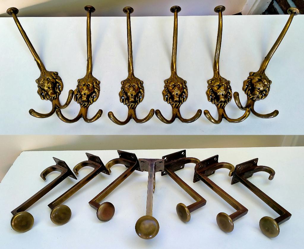 2 Sets Antiek Bronzen Kapstokhaken Jugendstil of Leeuwenkop, Wandhaken, Ophalen of Verzenden, Zo goed als nieuw, Minder dan 100 cm