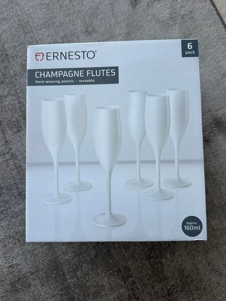 6 kunststof champagne flutes glazen wit nieuw in verpakking, Verzamelen, Glas en Borrelglaasjes, Ophalen of Verzenden, Zo goed als nieuw