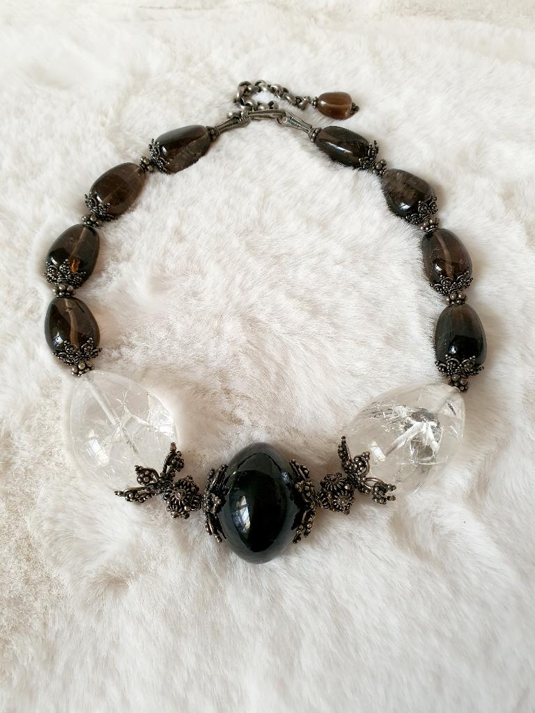 Meran Designer Collier, Godess, Rookwarts, Onyx, Bergkristal, Verzenden, Mineraal