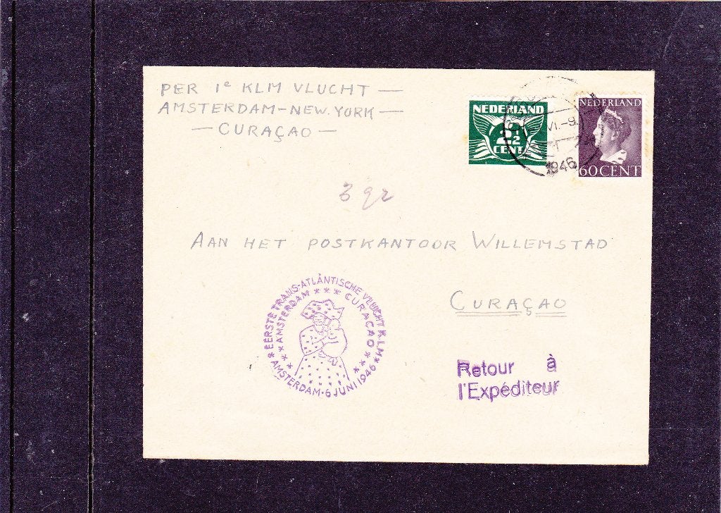 Luchtpostbrief 1 KLM vlucht Amsterdam-NY-Curacao 1946 (760), Verzenden, Envelop