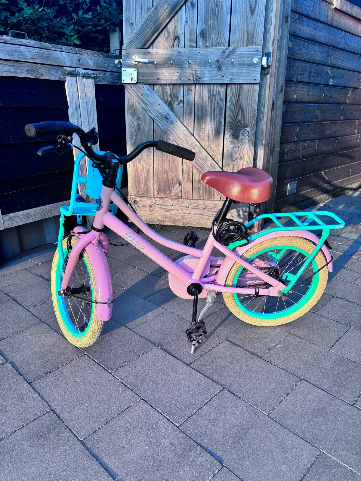 Roze kinderfiets Diva 16 inch met voordrager, Ophalen, Gebruikt, 16 tot 20 inch