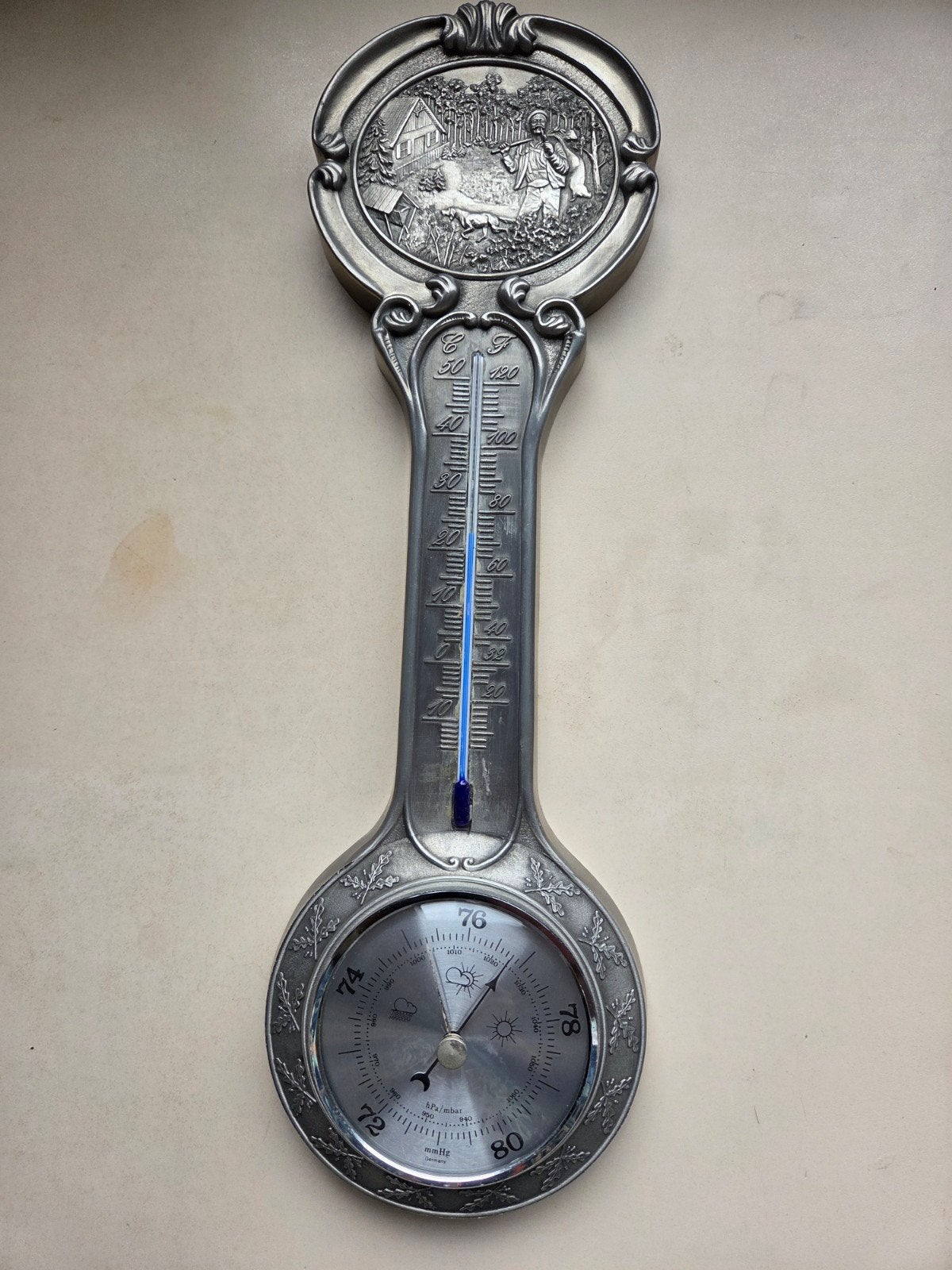 Vintage Weerstation met Barometer en Thermometer, Ophalen of Verzenden, Gebruikt, Weerstation