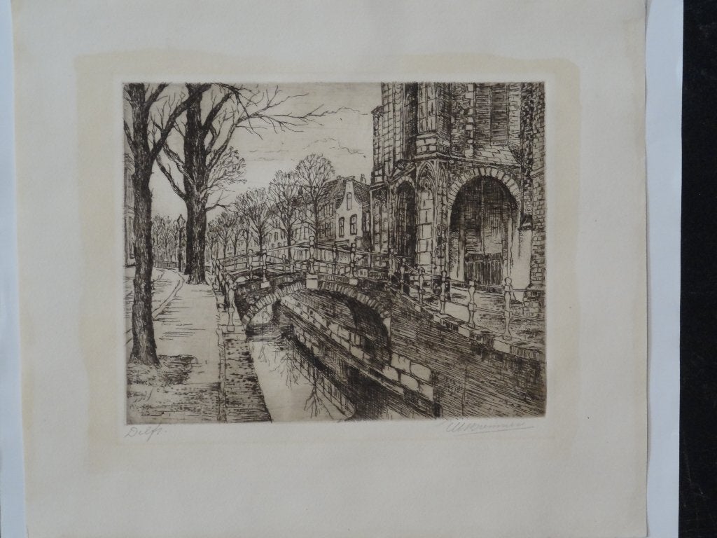 ets portiek Oude kerk gracht Delft H.W. Bremmer 1920, Ets, Stadsgezicht, Ophalen of Verzenden, Origineel