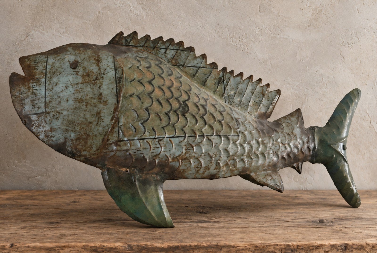 mooie grote metalen vis. 60cm  25cm  10cm, Metaal, Groen, Industrieel, Decoratieobject