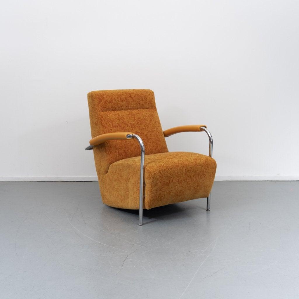 2x Leolux Scylla Fauteuil Hoog Gemêleerde Stof - Oker/Oranje, Niet ingevuld, Leer, Niet ingevuld, 75 tot 100 cm
