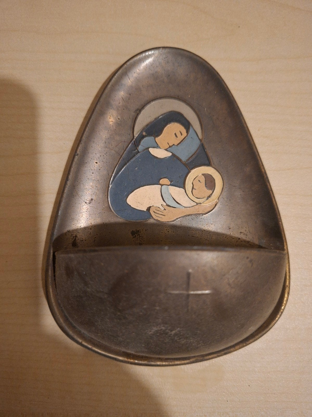 Metalen wijwatersbakje Maria met kind uit West-Duitsland, Ophalen