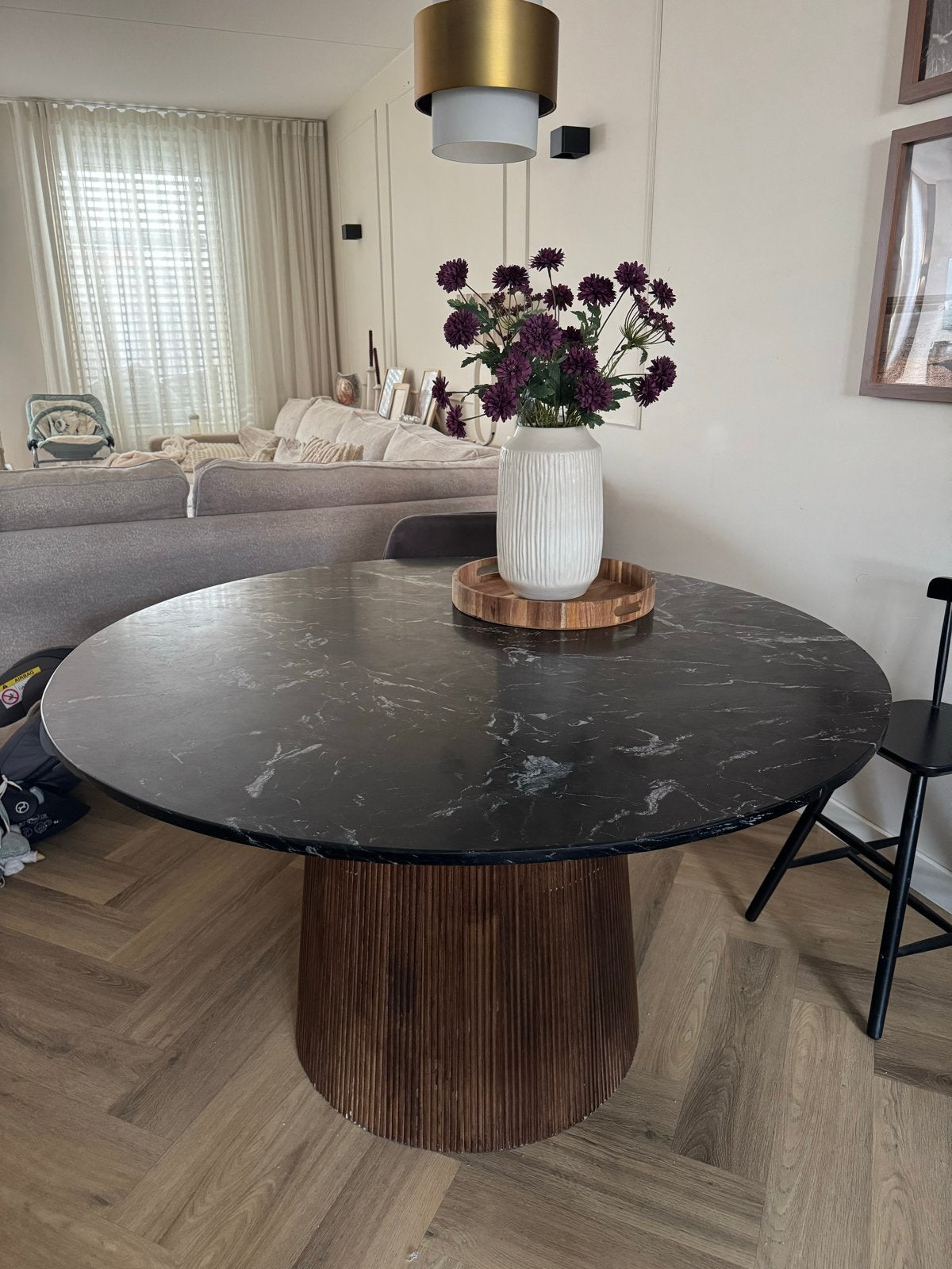 Ronde eettafel Maxim met zwart marmeren blad en mangohout, Huis en Inrichting, Tafels | Eettafels, Nieuw, 100 tot 150 cm, Vier personen