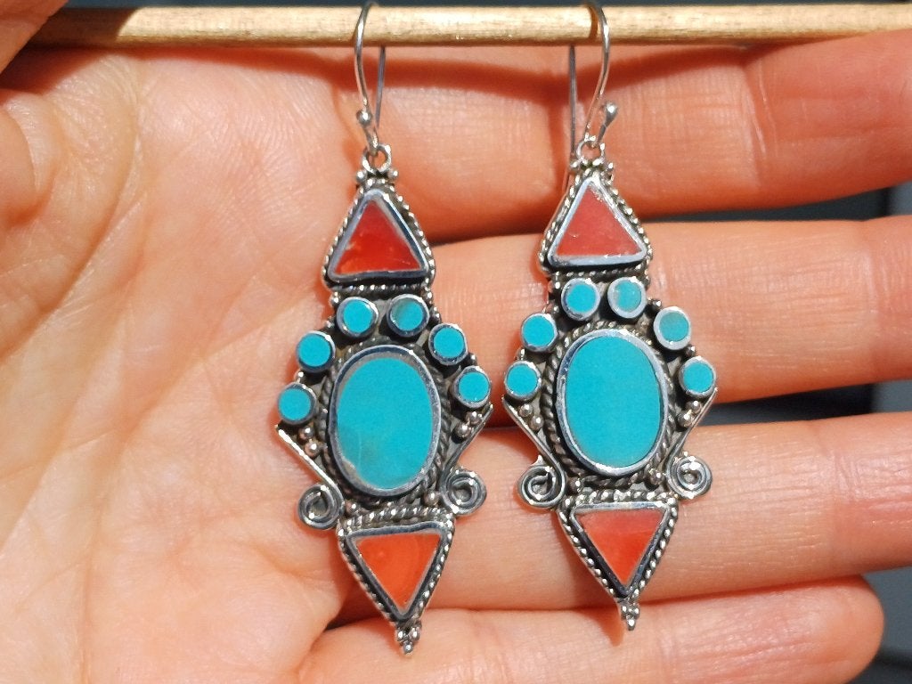 Vanoli 925 zilveren oorbellen met turquoise en bloedkoraal, Daiva1973@hotmail.com, Hangers, Vanoli, Blauw