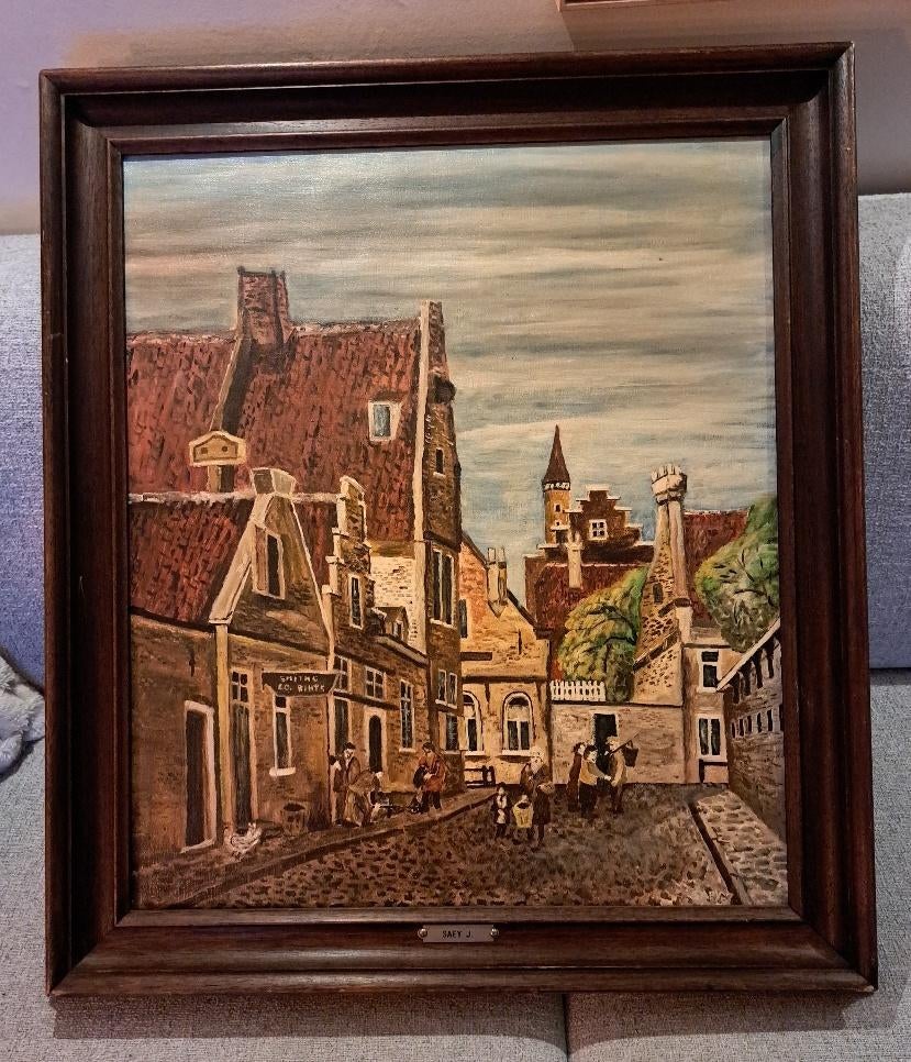 Antiek Schilderij "Dorpsgezicht" , Gesigneerd J. Saey, Ophalen of Verzenden