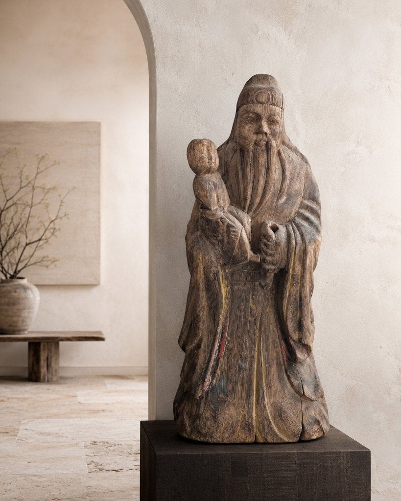 Grote antieke Chinese houten sculptuur met kind - wabi-sabi, Antiek en Kunst, Ophalen, Groep mensen, 50 - 100 cm, Beeld