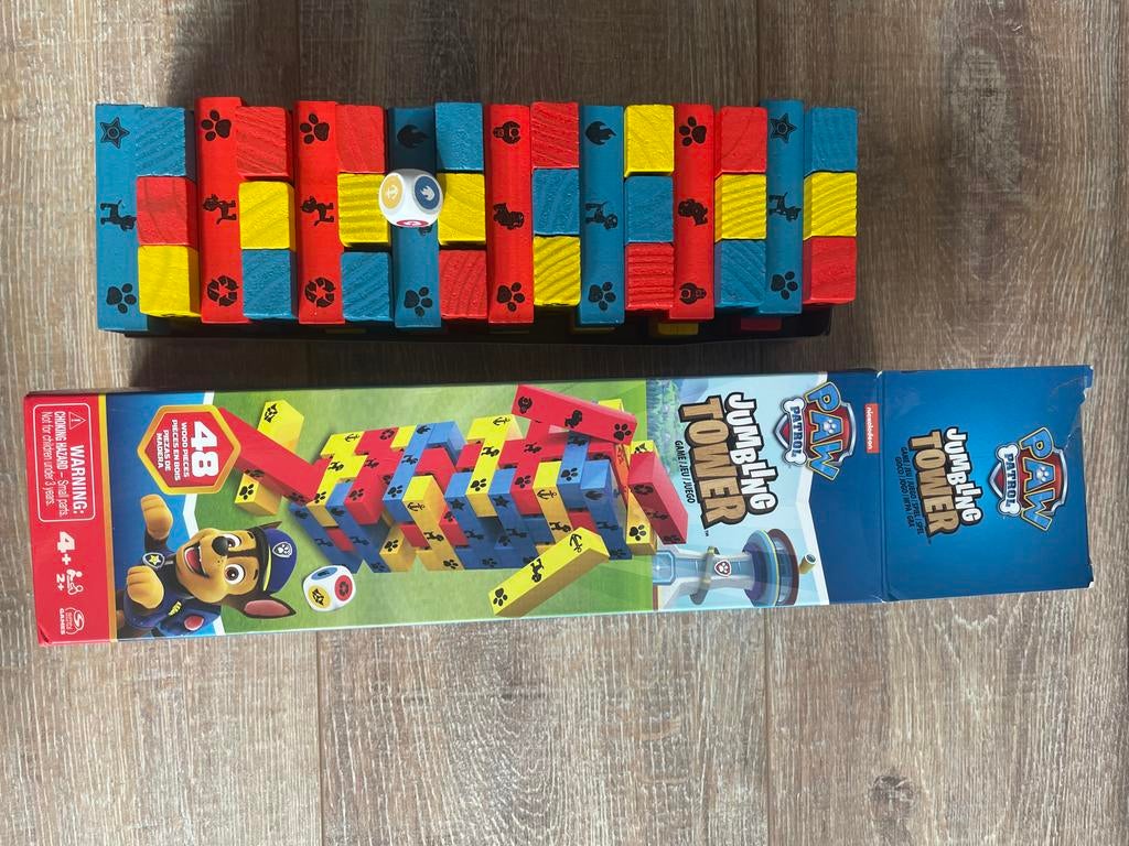 Jenga Paw Patrol met dobbelsteen - Compleet en in goede staa, Hobby en Vrije tijd, Een of twee spelers, Ophalen of Verzenden, Zo goed als nieuw