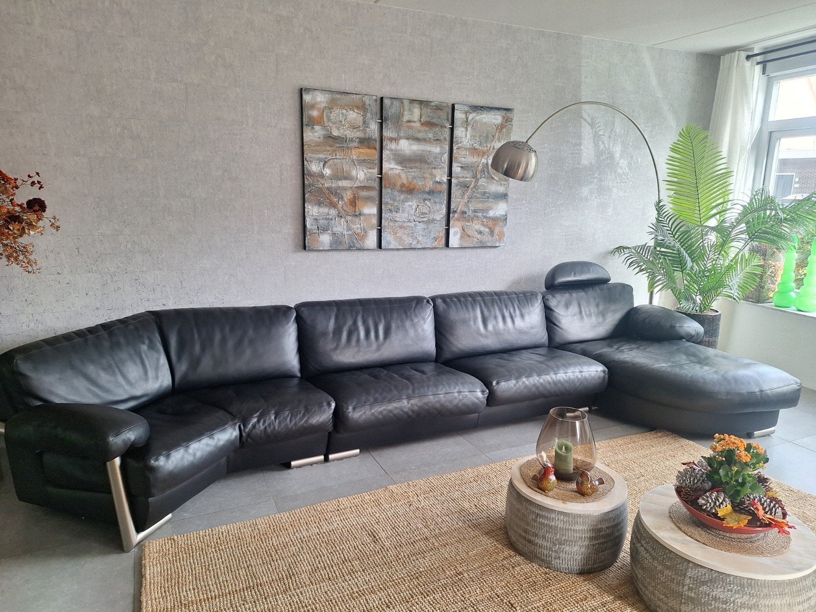 Artanova zwart lederen bank met hoek en chaise longue, Ophalen, Gebruikt, Leer