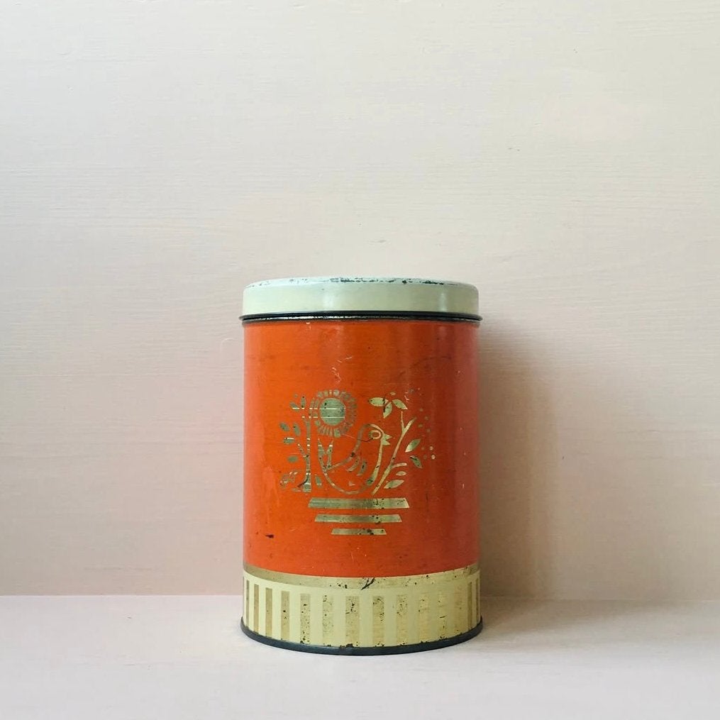 Oud oranje blik met een goudkleurige vogel, Verzamelen, Ophalen of Verzenden, Gebruikt, Koffie