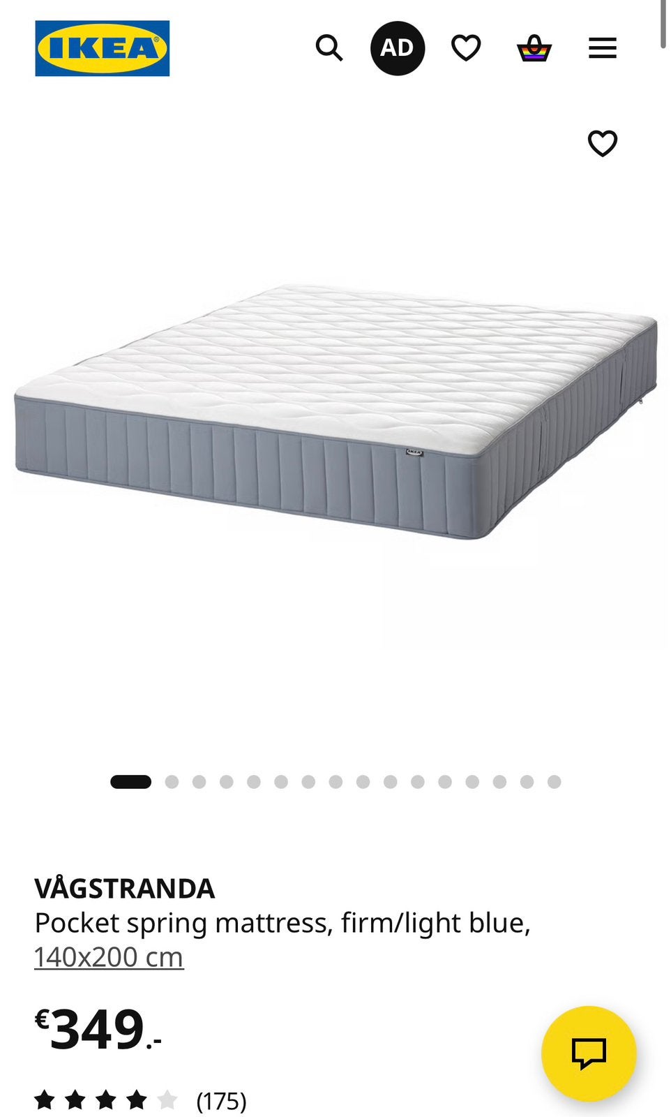 IKEA VÅGSTRANDA Pocketveringmatras, stevig, 140x200 cm, Tweepersoons, Zo goed als nieuw, Matras, 200 cm
