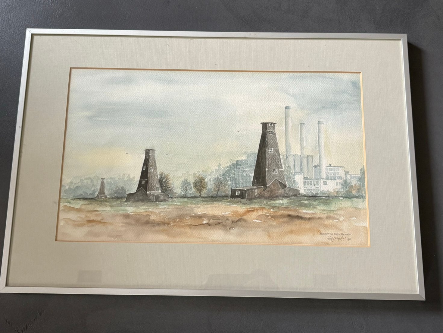 Originele aquarel “Boortorens Hengelo” – Pim Holt – 1990 –, Antiek en Kunst, Gedateerd, Ophalen of Verzenden, Landschap, Aquarel