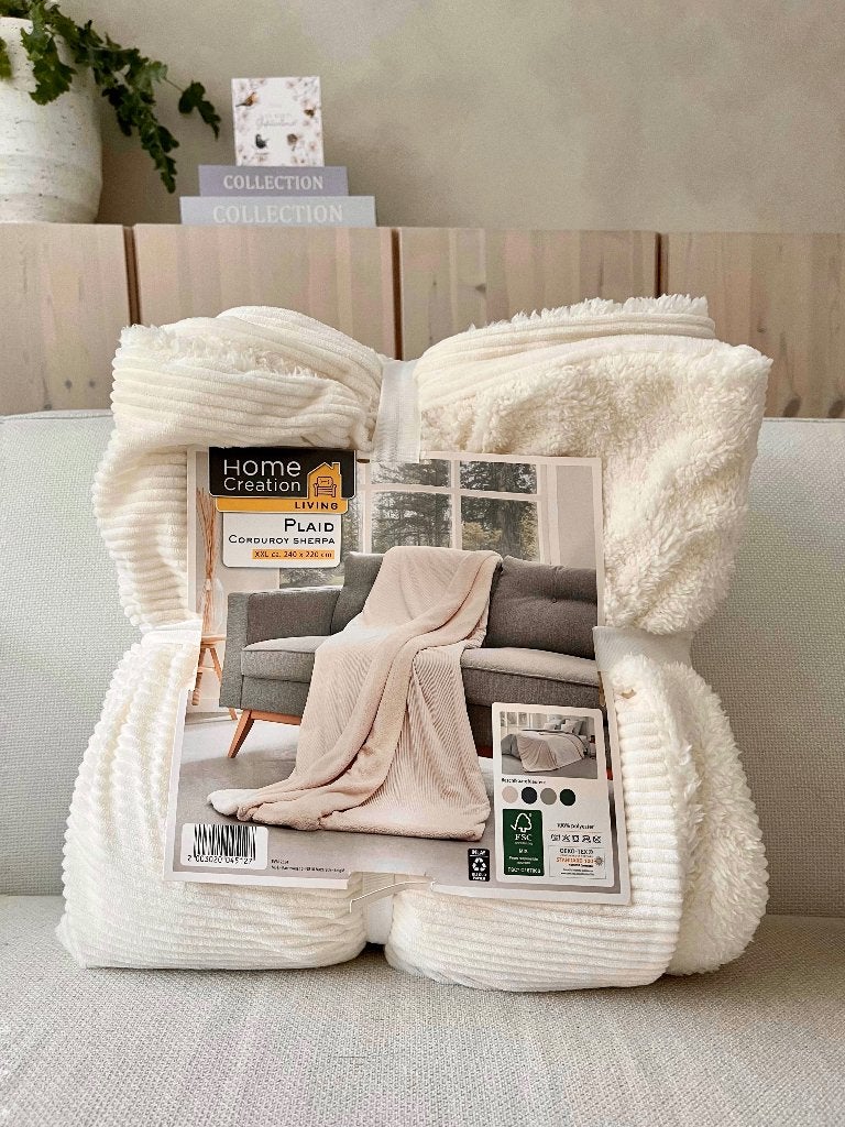 Creme corduroy rib sherpa teddy deken bed sprei woondeken 2p, Wit, Nieuw, Ophalen of Verzenden, 220 cm