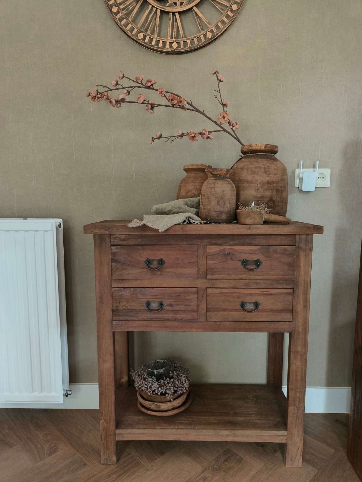 Teakhouten sidetable met onderblad en 4 lades, Ophalen, 50 tot 100 cm, Teakhout, Nieuw