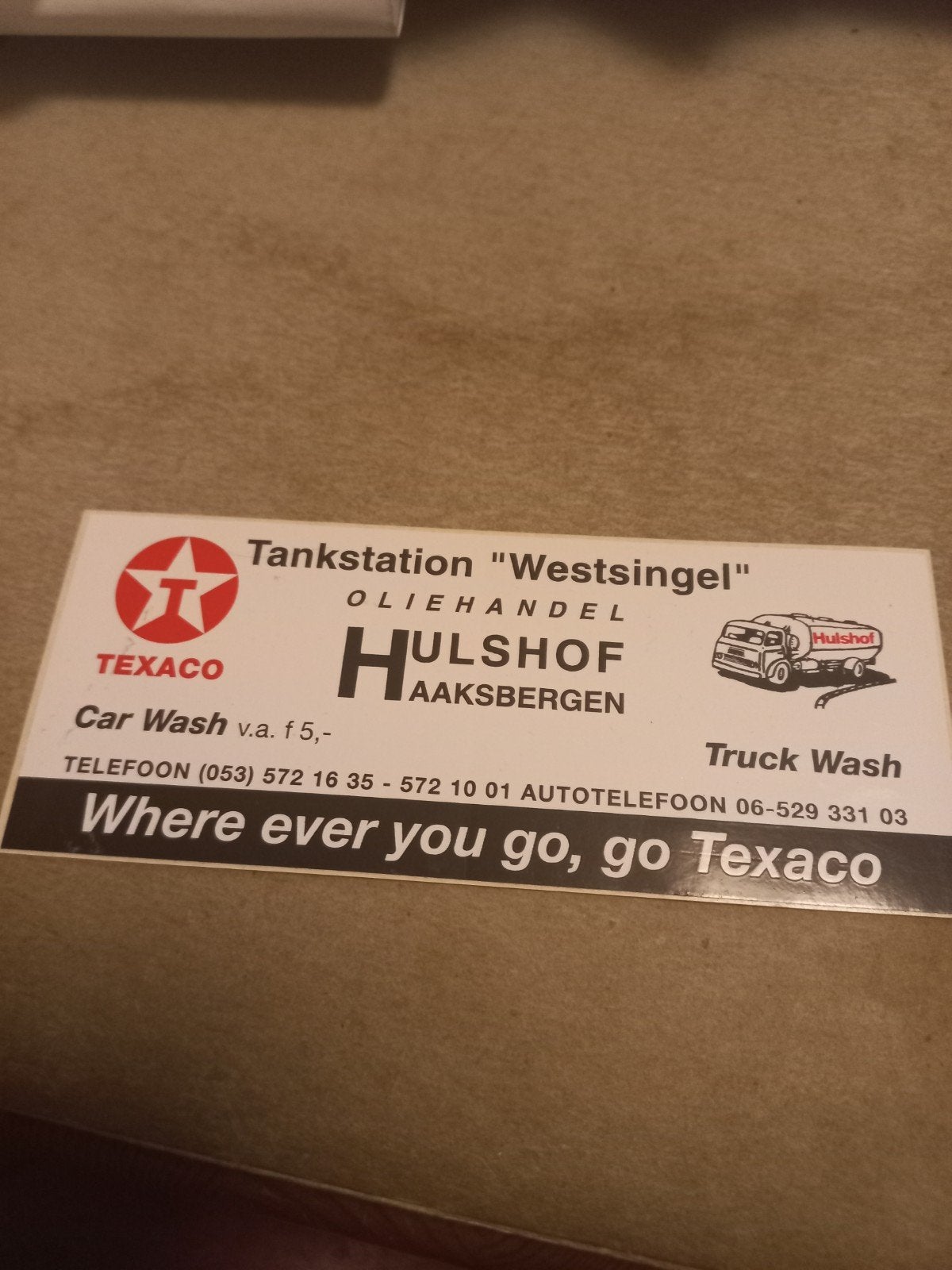 Vintage Texaco Tankstation Hulshof Reclamesticker, Ophalen of Verzenden, Gebruikt