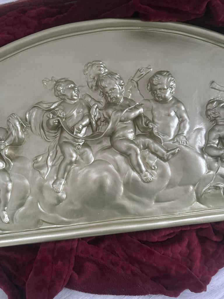 Grote brede Gipsen wanddecoratie engelen m instrumenten, Ophalen of Verzenden