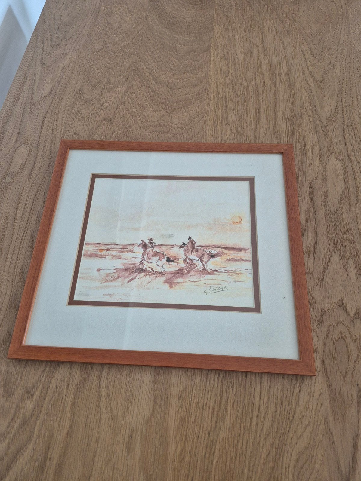 Gesigneerde aquarel van paarden op het strand, Antiek en Kunst, Ophalen of Verzenden