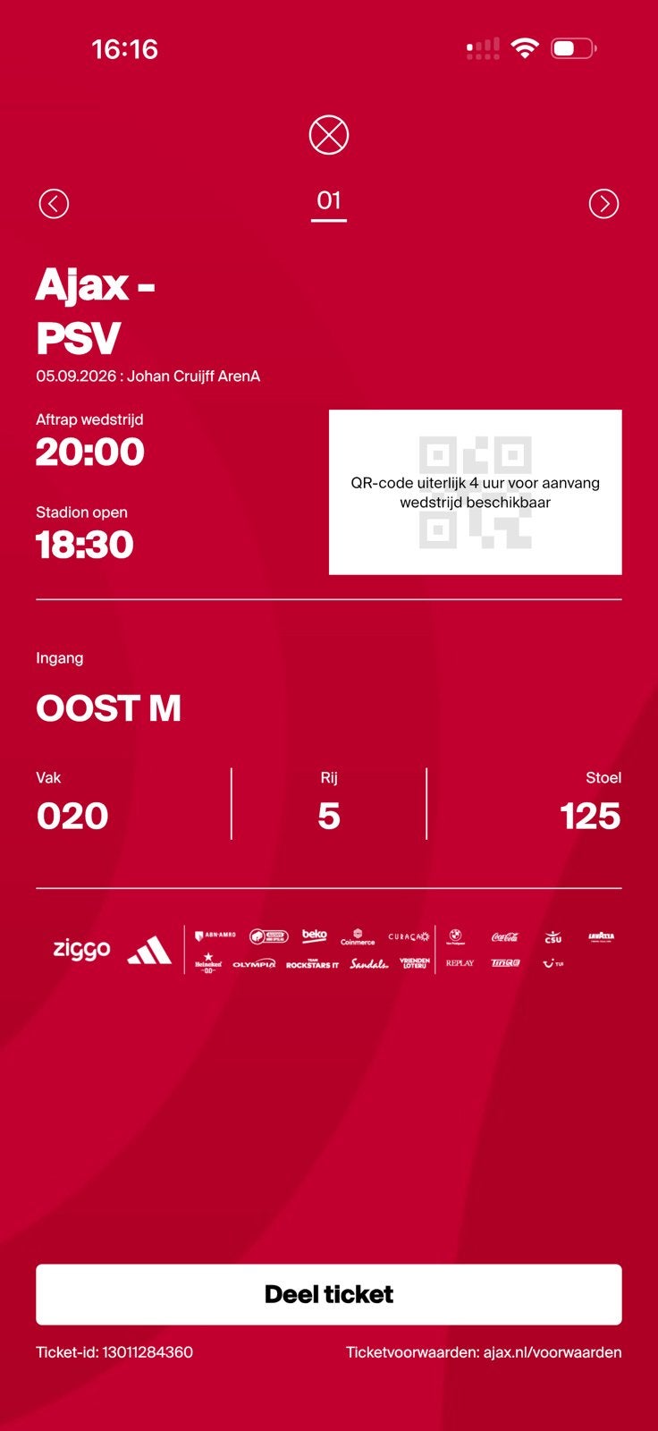 Ajax psv vak 020 top plek, Eén persoon, Februari