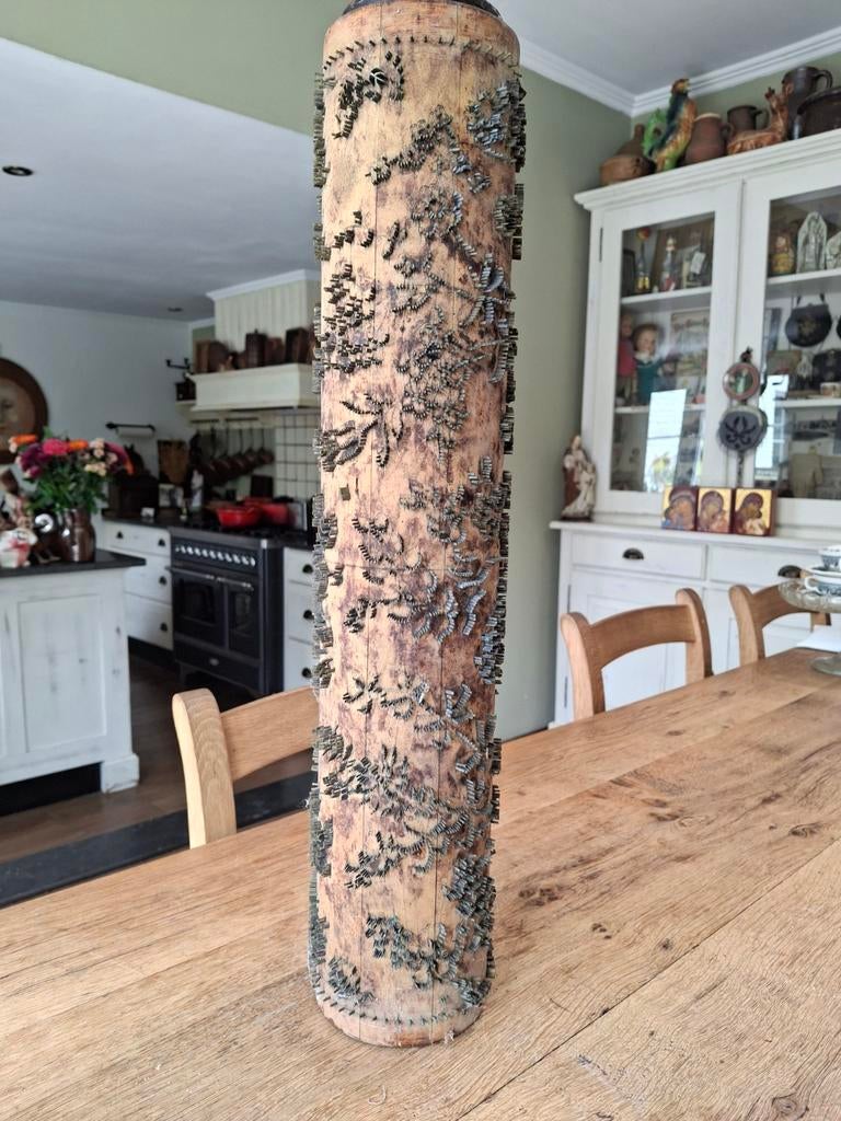 Antieke textielprintrol met spijkers, Ophalen of Verzenden
