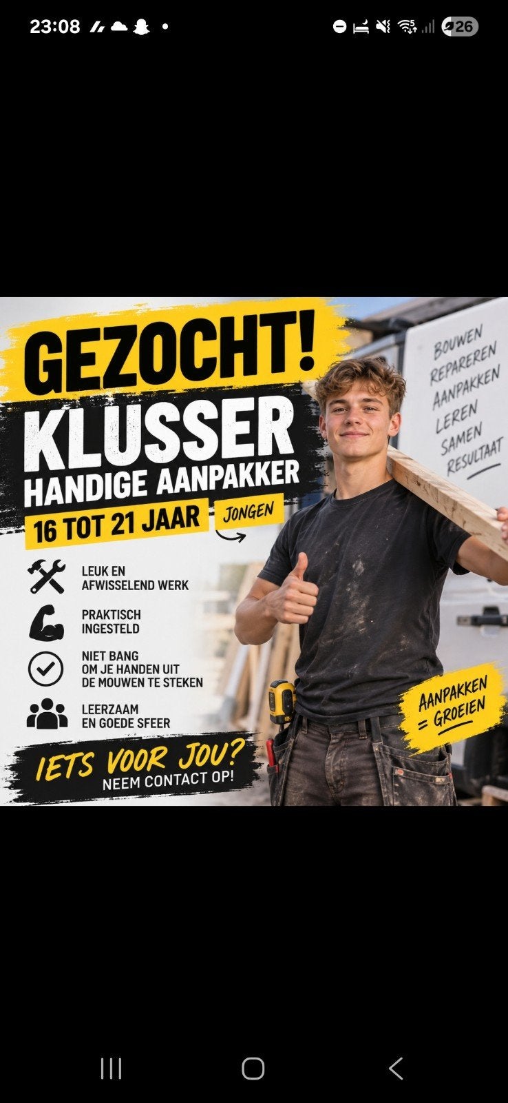klusser gezocht 16/21 jaar man.