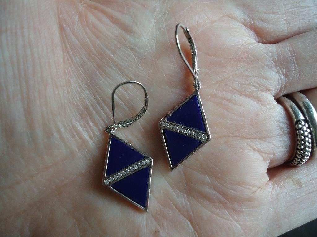 mooie echt zilveren oorhangers met blauwe wybervorm steen, Met kristal, Hangers, Blauw, Ophalen of Verzenden
