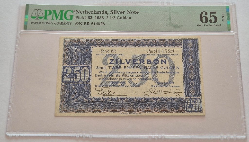 UNC biljet 2,5 gulden 1938, zilverbon | PMG 65, Postzegels en Munten, Bankbiljetten | Nederland, Verzenden, 2½ gulden, Los biljet