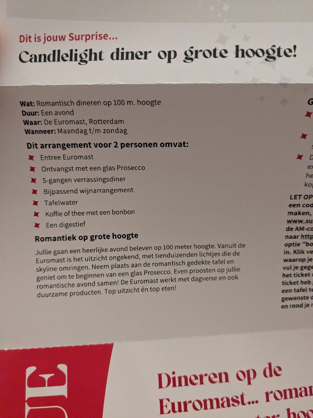 Diner op grote hoogte Euromast Rotterdam 5 gangen incl drank, Twee personen, Arrangement