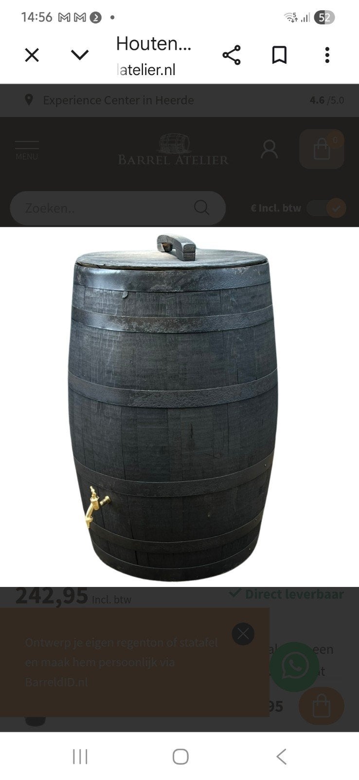 Houten regenton zwart, Tuin en Terras, Regentonnen, Gebruikt, Met kraantje, 150 liter of meer, Ophalen of Verzenden