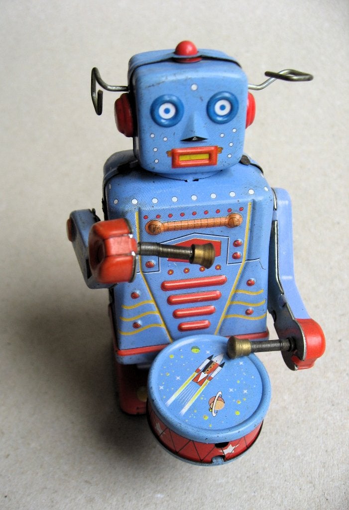 Blikken robot, loopt en trommelt, Verzamelen, Ophalen of Verzenden, Zo goed als nieuw
