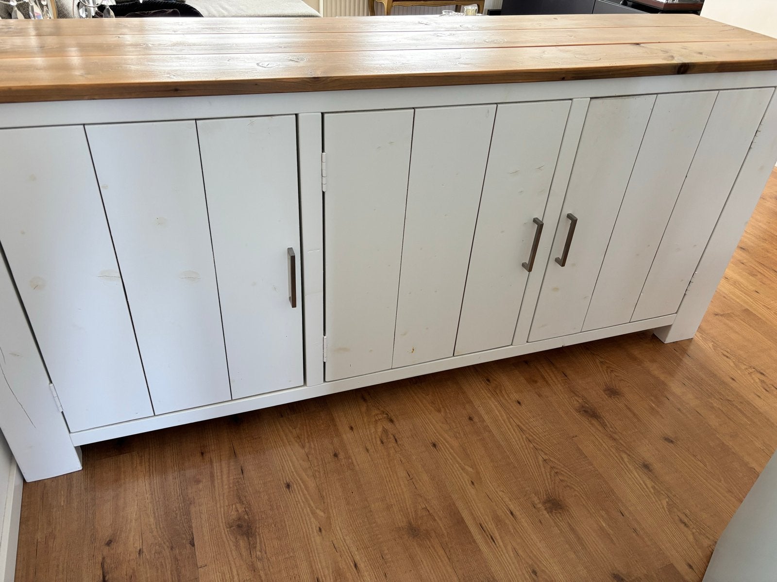 Dressoir wit met houten blad - 200 cm breed, Huis en Inrichting, Kasten | Dressoirs, Ophalen, Gebruikt, 200 cm of meer, Overige houtsoorten